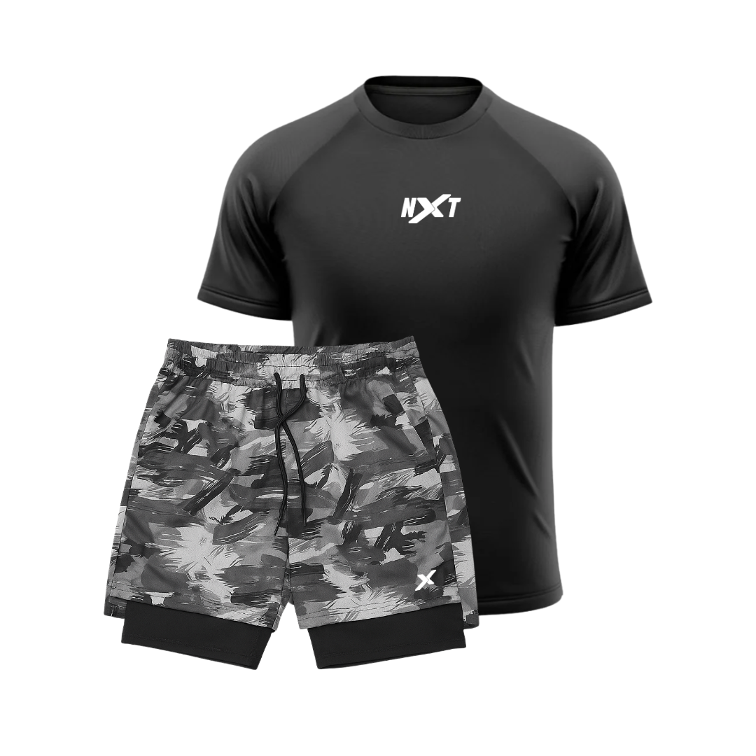 1 CAMISETA NXT RAGLAN DRYFIT + 1 SHORTS 2 EM 1 DE COMPRESSÃO CAMUFLADO