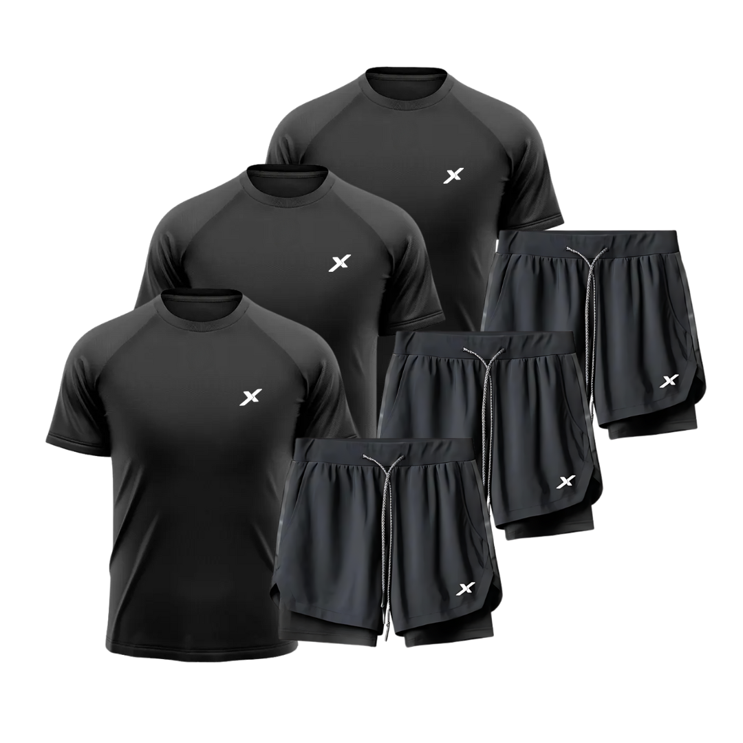KIT 3 CAMISETAS DRY FIT + 3 SHORTS 2 EM 1 DE COMPRESSÃO - ALL BLACK