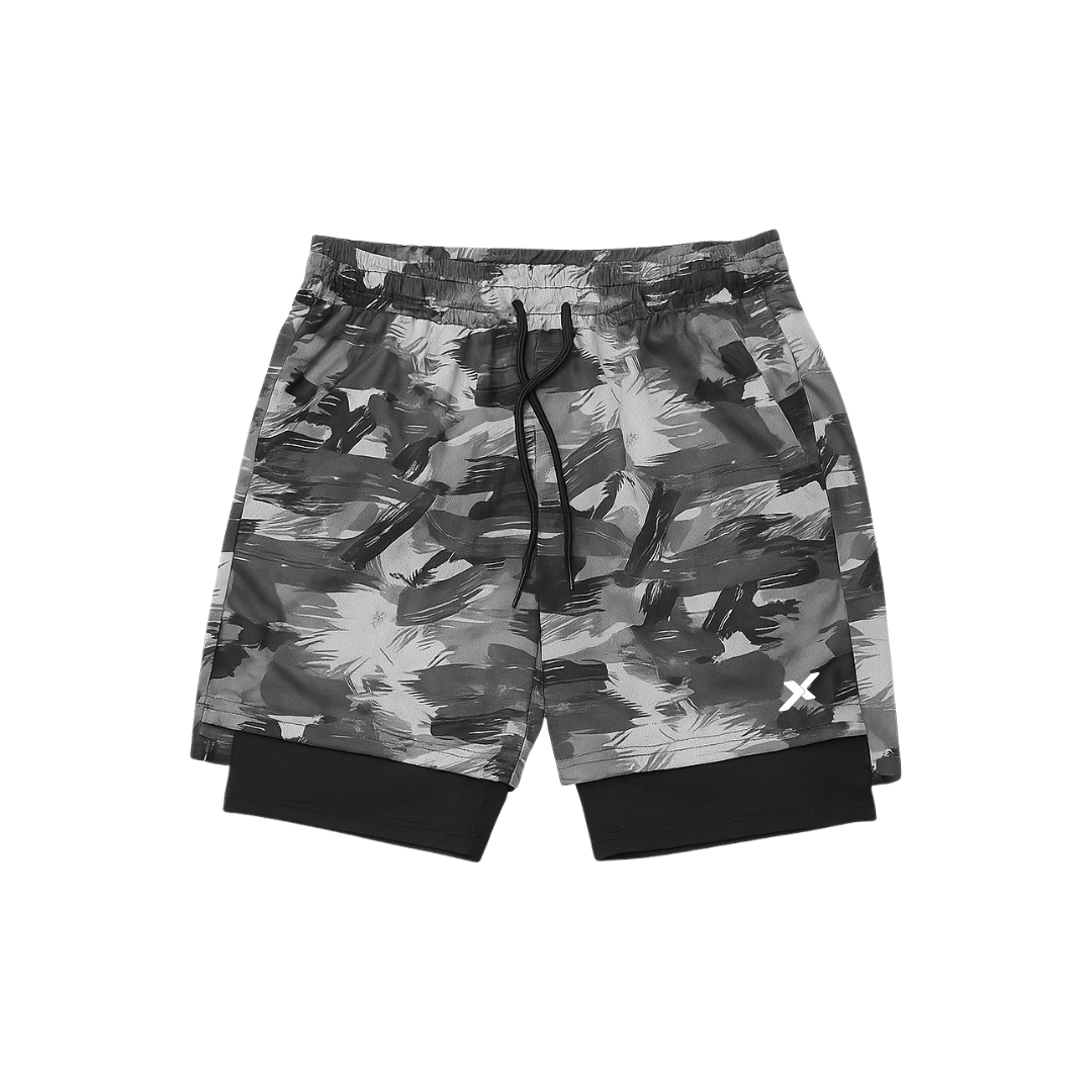SHORTS DRY-FIT 2 EM 1 DE COMPRESSÃO NEXT - CAMUFLADO CINZA