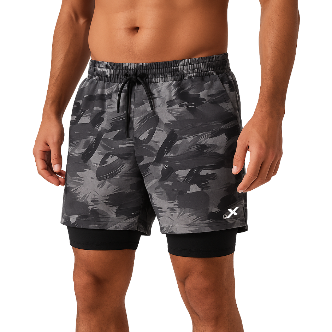 SHORTS DRY-FIT 2 EM 1 DE COMPRESSÃO NEXT - CAMUFLADO CINZA