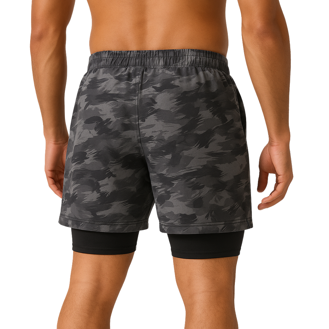 SHORTS DRY-FIT 2 EM 1 DE COMPRESSÃO NEXT - CAMUFLADO CINZA