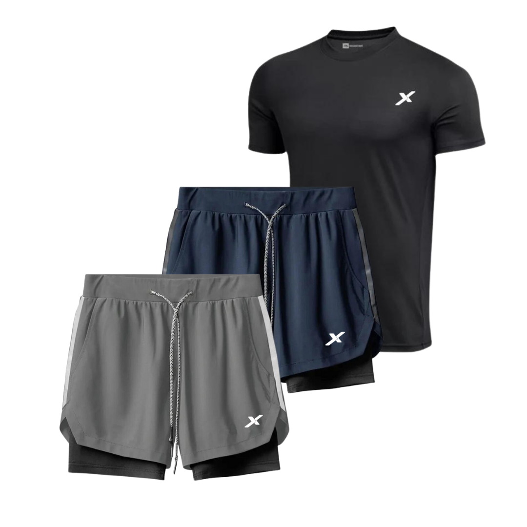 KIT PERFORMANCE NEXT: 2 SHORTS DRY-FIT DE COMPRESSÃO + 1 CAMISA DRY-FIT MODAL TECH