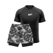 1 CAMISETA NXT RAGLAN DRYFIT + 1 SHORTS 2 EM 1 DE COMPRESSÃO CAMUFLADO
