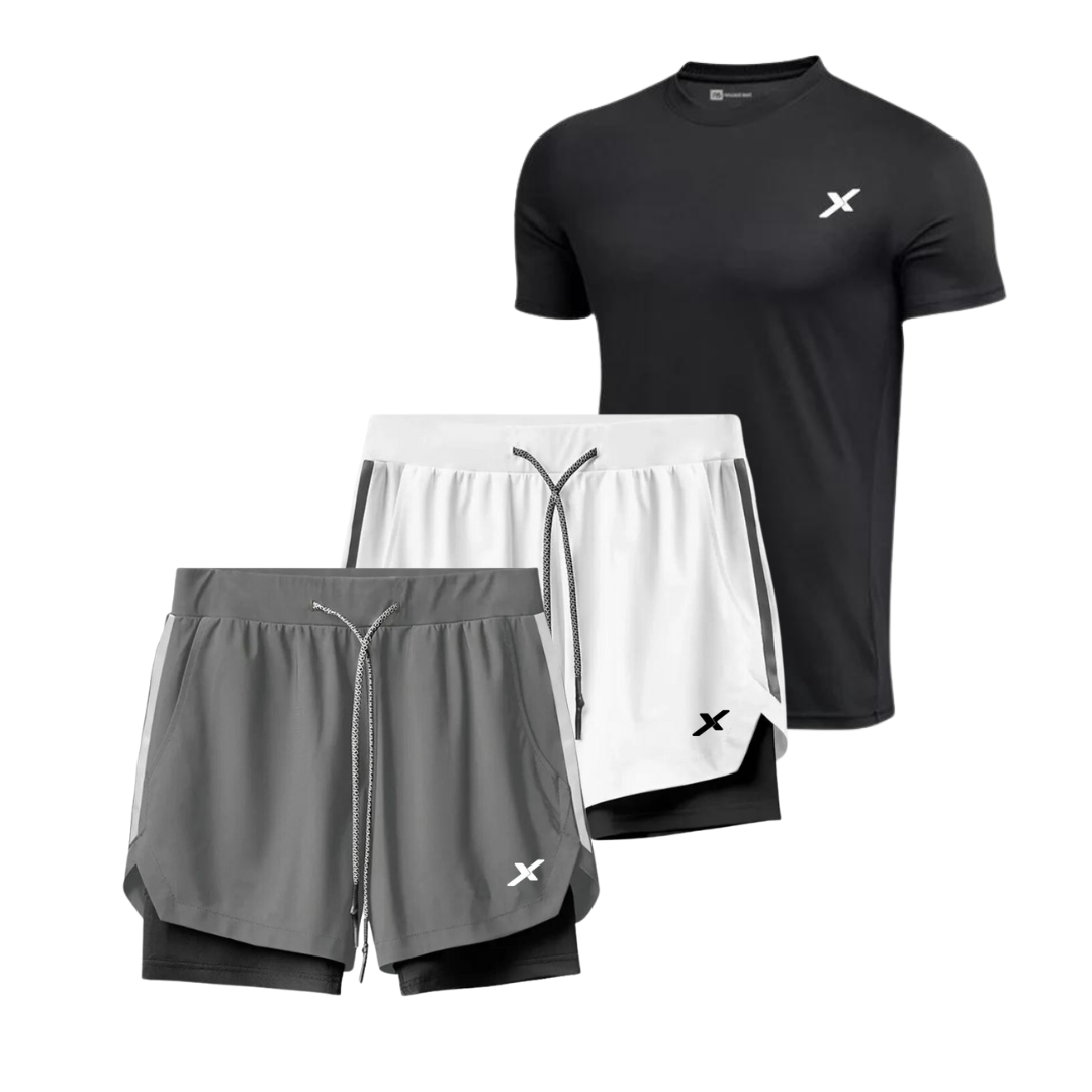 KIT PERFORMANCE NEXT: 2 SHORTS DRY-FIT DE COMPRESSÃO + 1 CAMISA DRY-FIT MODAL TECH