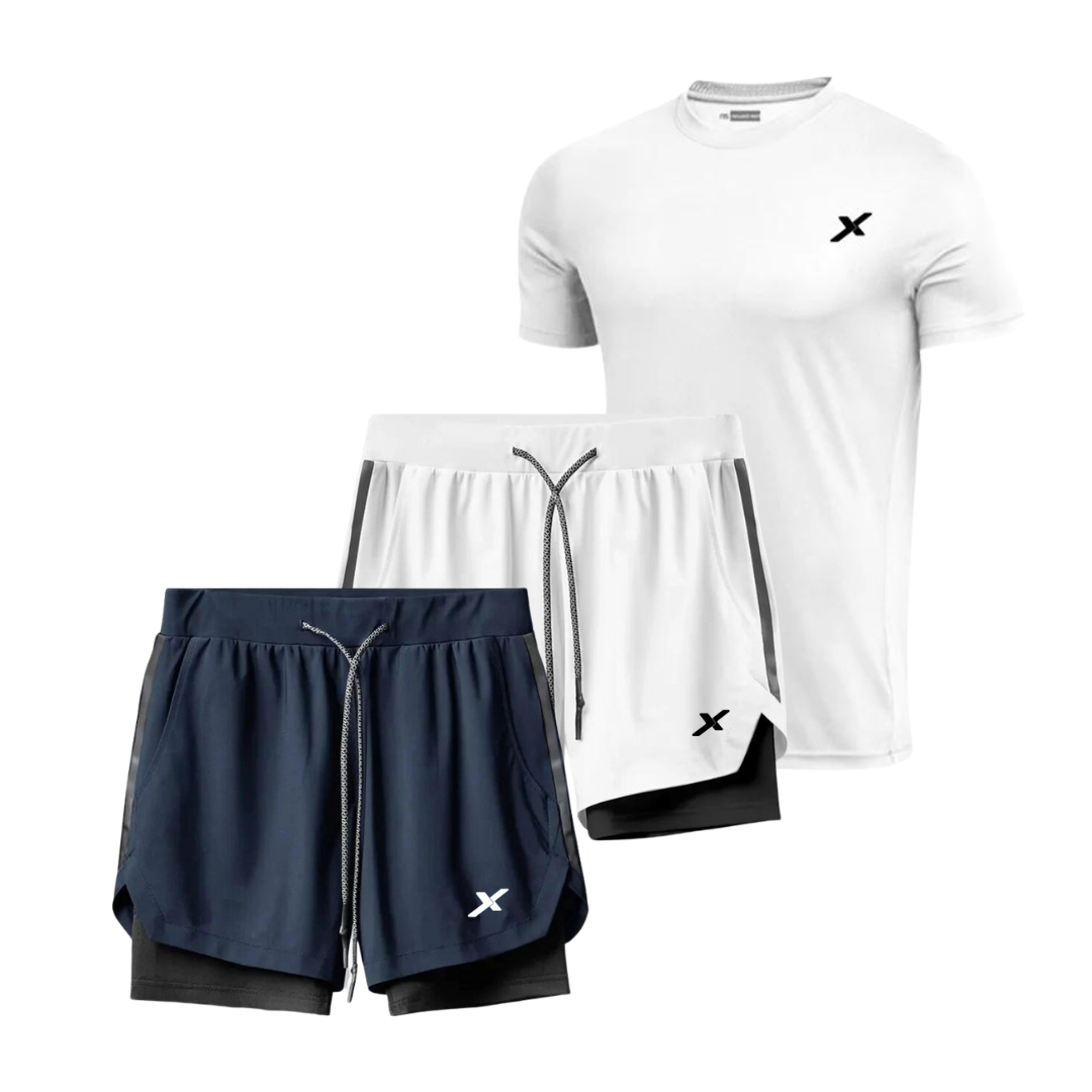 KIT PERFORMANCE NEXT: 2 SHORTS DRY-FIT DE COMPRESSÃO + 1 CAMISA DRY-FIT MODAL TECH
