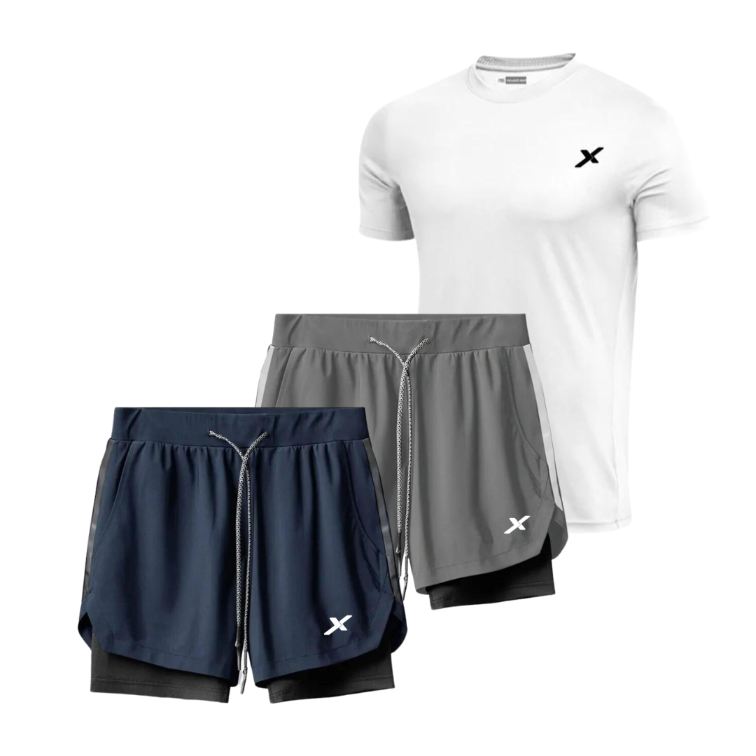 KIT PERFORMANCE NEXT: 2 SHORTS DRY-FIT DE COMPRESSÃO + 1 CAMISA DRY-FIT MODAL TECH