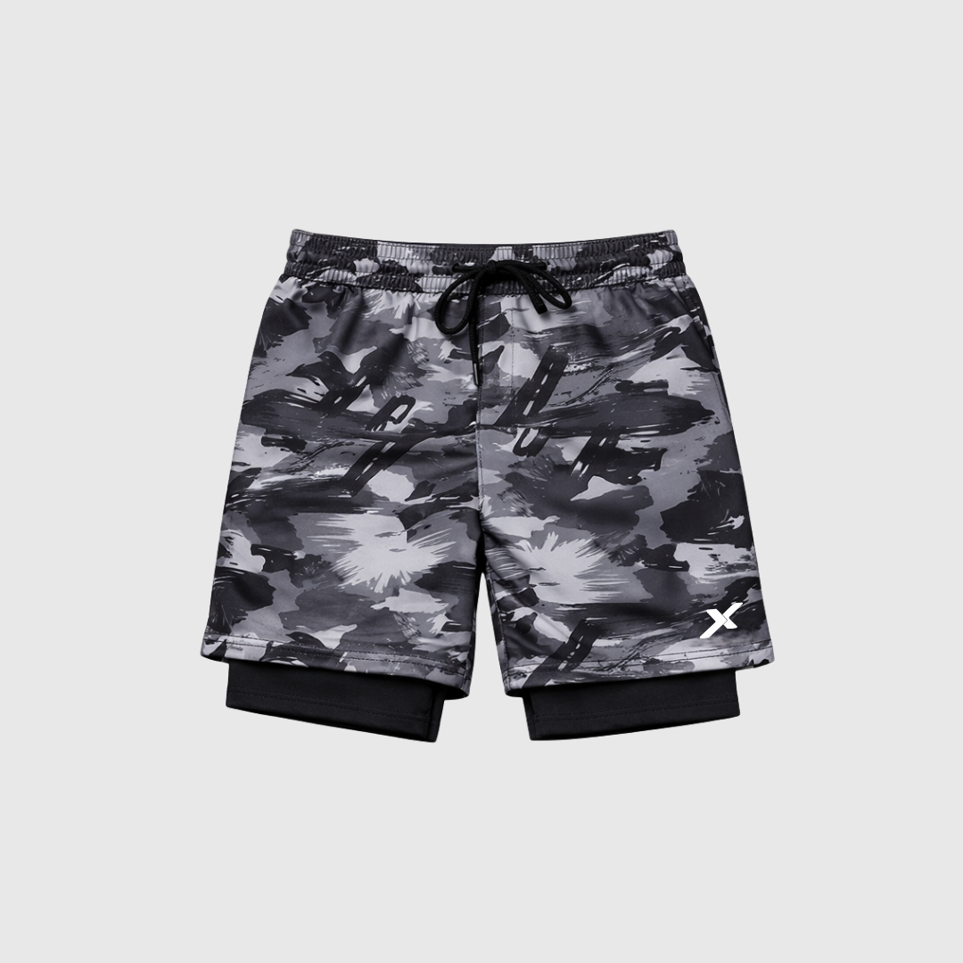 SHORTS DRY-FIT 2 EM 1 DE COMPRESSÃO NEXT - CAMUFLADO CINZA