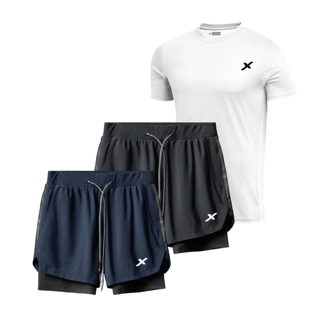KIT PERFORMANCE NEXT: 2 SHORTS DRY-FIT DE COMPRESSÃO + 1 CAMISA DRY-FIT MODAL TECH