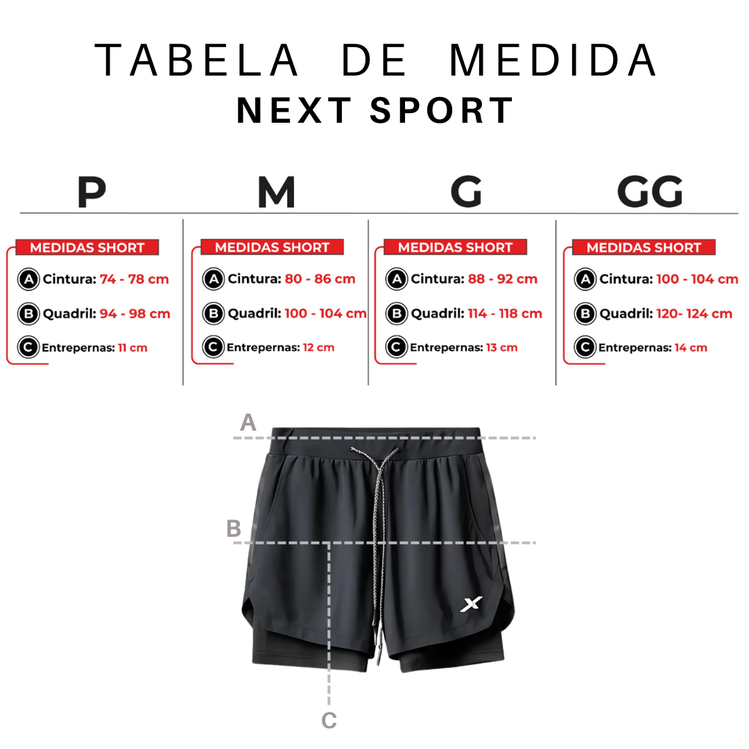 KIT CAMPEÃO: 2 SHORTS DRY-FIT 2 EM 1 NEXT + 2 CAMISAS DRY-FIT PREMIUM