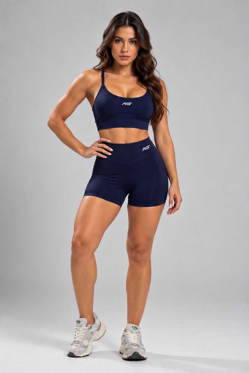 Kit 1 Top Alça Fina + Shorts de Compressão Fitness Azul Marinho