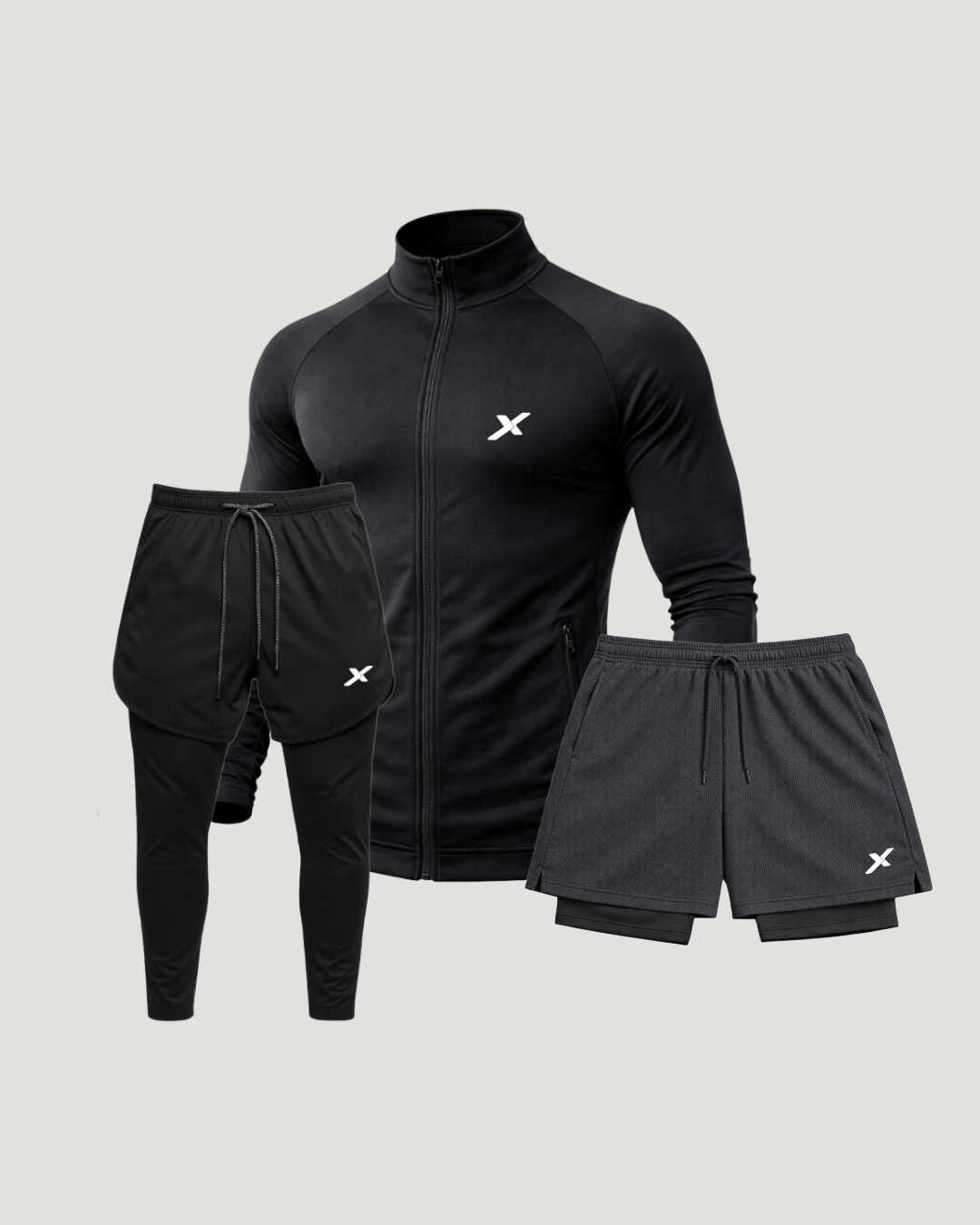 Kit 1 Jaqueta de Compressão + 1 Calça 2em1 + 1 Shorts 2em1