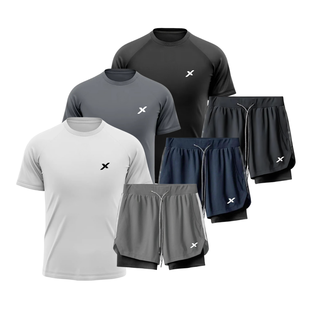 KIT 3 CAMISETAS DRY FIT + 3 SHORTS 2 EM 1 DE COMPRESSÃO