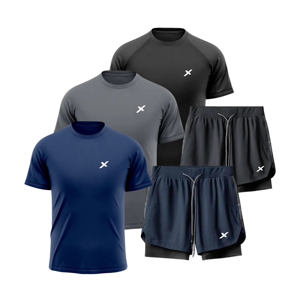KIT 3 CAMISETAS + 2 SHORTS 2 EM 1 DE COMPRESSÃO