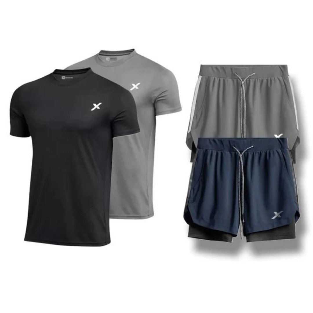 KIT CAMPEÃO: 2 SHORTS DRY-FIT 2 EM 1 NEXT + 2 CAMISAS DRY-FIT PREMIUM